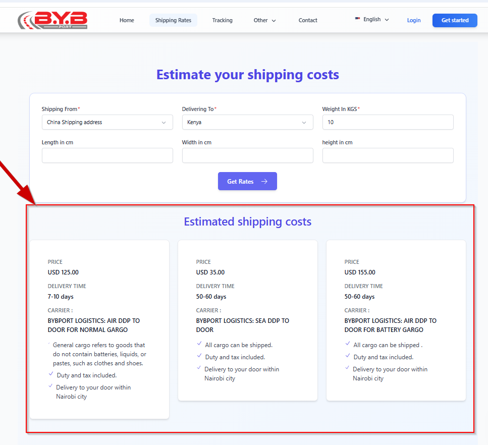 Estimates the price and timeliness information of different transportation products. - Screen 2