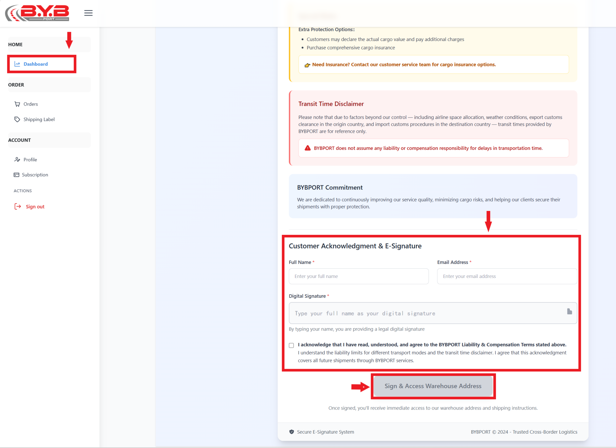 Sign the terms to obtain the warehouse address and your unique customer ID. - Screen 1